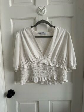 Sophie Rue White V-Neck Smocked Ruffle Crop Top
